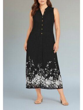 Flowy Black Sleeveless Button-Down Dress Cover up With White Floral Hemline By C